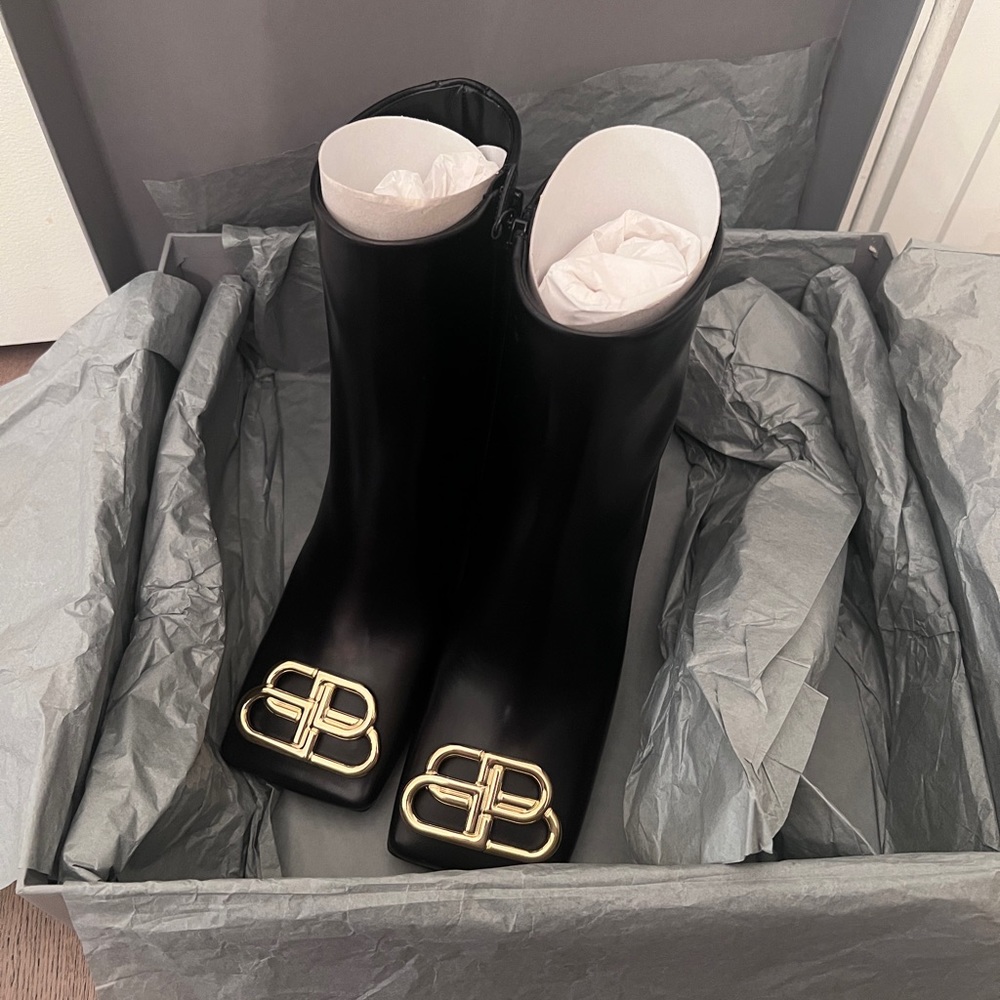 Balenciaga Square Toe Double B Gold Metal Logo Black Leather Ankle Boots